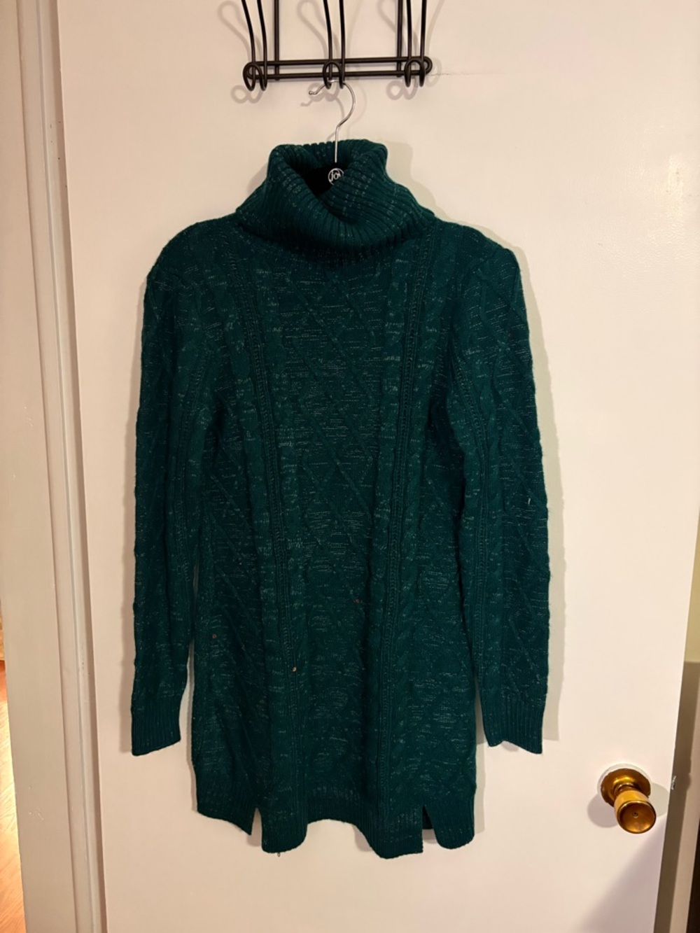 Francescis blue rain teal cable knit turtleneck